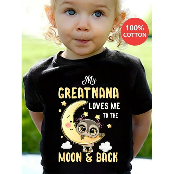 Gourd Doll Girls' 100% Cotton Tee - 'My Great Nana Loves Me to the Moon & Back' Cute Owl Print, Casual Round Neck Short Sleeve Top, Machine Washable, Black with Yellow & White Graphic Design, Girls C