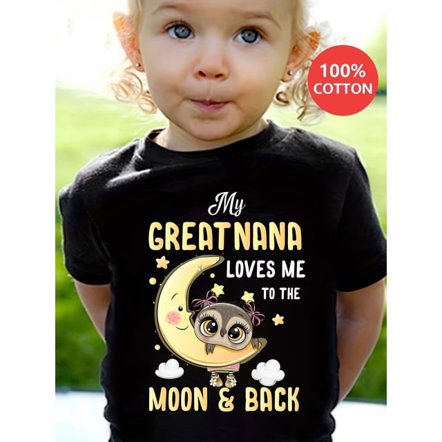 Camiseta de algodón 100 % para niña Gourd Doll: "Mi abuela me ama hasta la luna y de regreso". Bonito estampado de búho. Top informal de manga corta con cuello redondo. Lavable a máquina.