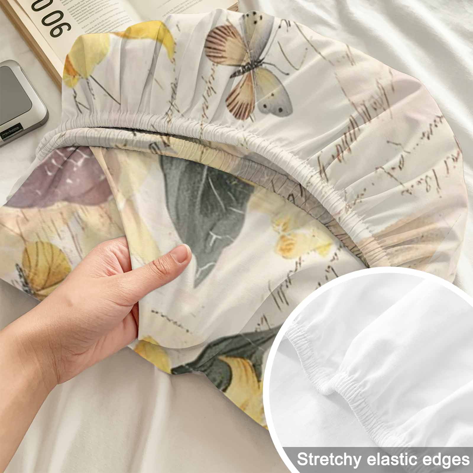 King Size Fitted Sheet Set - Sunflower Vintage 3 Piece Bedding Sets 16" Deep Pocket Fitted Sheet with 2 Pillowcases, Farmhouse Botanical Floral Butterfly Brushed Microfiber Hotel Luxury Bed Sheets