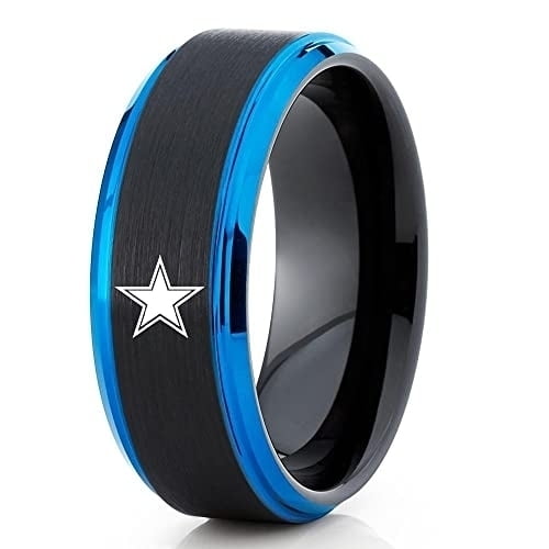 Blue Tungsten Wedding Ring,Black Tungsten Ring,Football Inspired Ring,Tungsten Wedding Ring,8mm Wedding Ring,Mans Ring