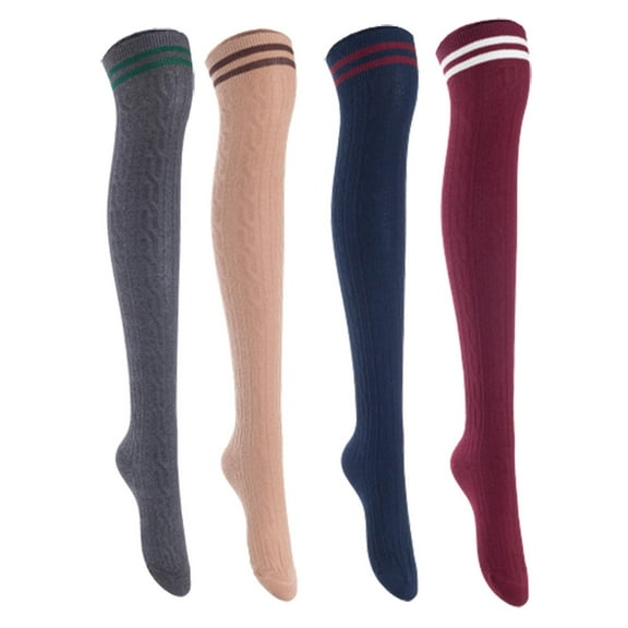 Lian Lifestyle Women's 4 Pairs Incredible Durable Super Soft Unique Over Knee High Thigh High Cotton Socks, Size US 6-9, JMYP1023 Dark Gray, Khaki, Navy, Wine