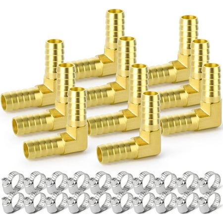 GASHER 10 Pieces Brass Hose Barb Reducer 1/4 Inch to 1/4 Inch Barb Hose ID 90 Degree L Right Angle Elbow with 20 Hose Clamps Brass Barb Reducer SPLICER Fitting Fuel/AIR/Water/Oil/Gas/WOG