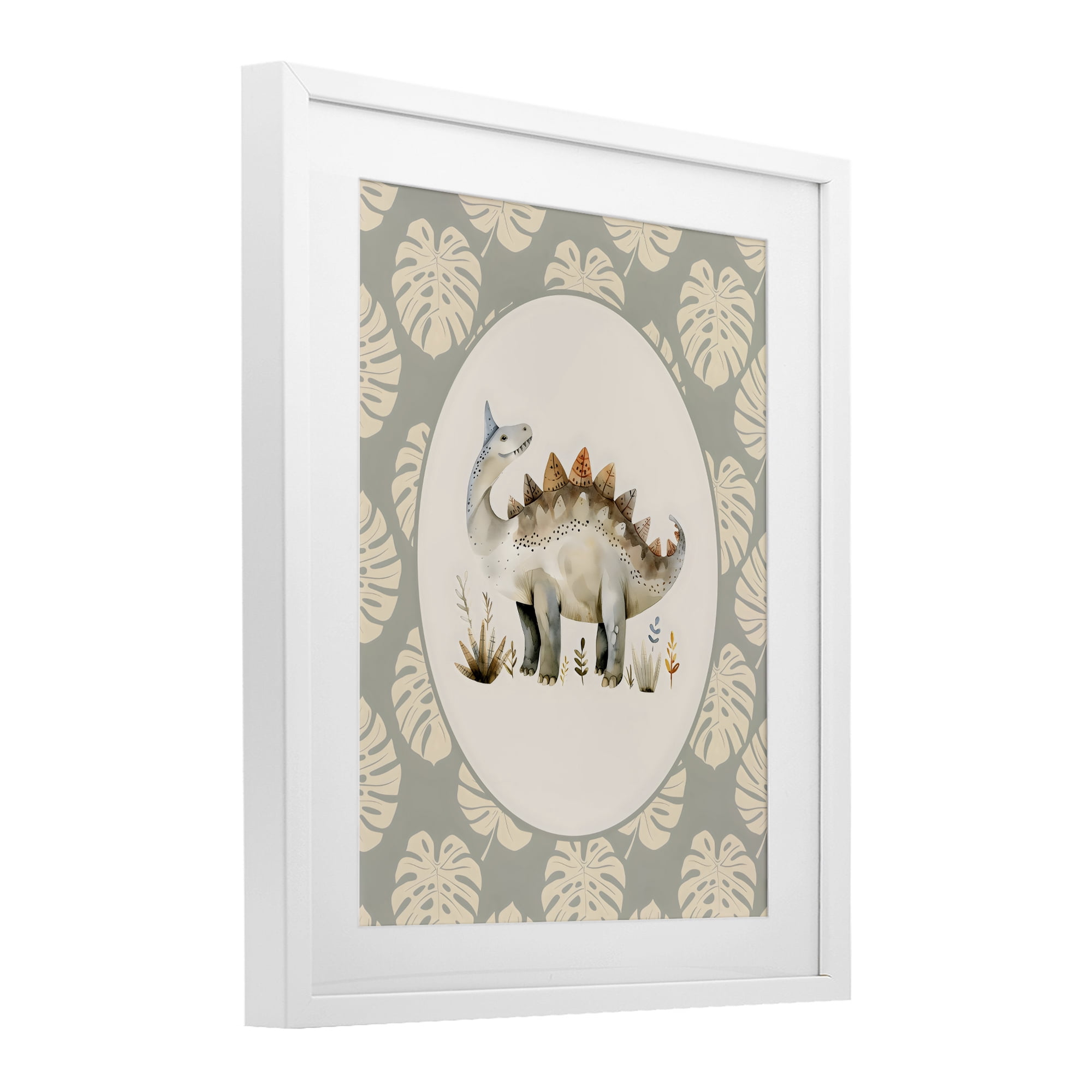 Stupell Industries Watercolor Dinosaur Monstera Border White Framed Print Under Glass, design by LSR Design Studio