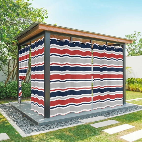 2 Panels Outdoor Curtains for Patio Waterproof 54"x84" Red Navy Blue Striped Weatherproof Privacy Outsides Curtains, Farmhouse Stripes Modern Abstract Art Grommet Thermal Drapes for Cabana Porch