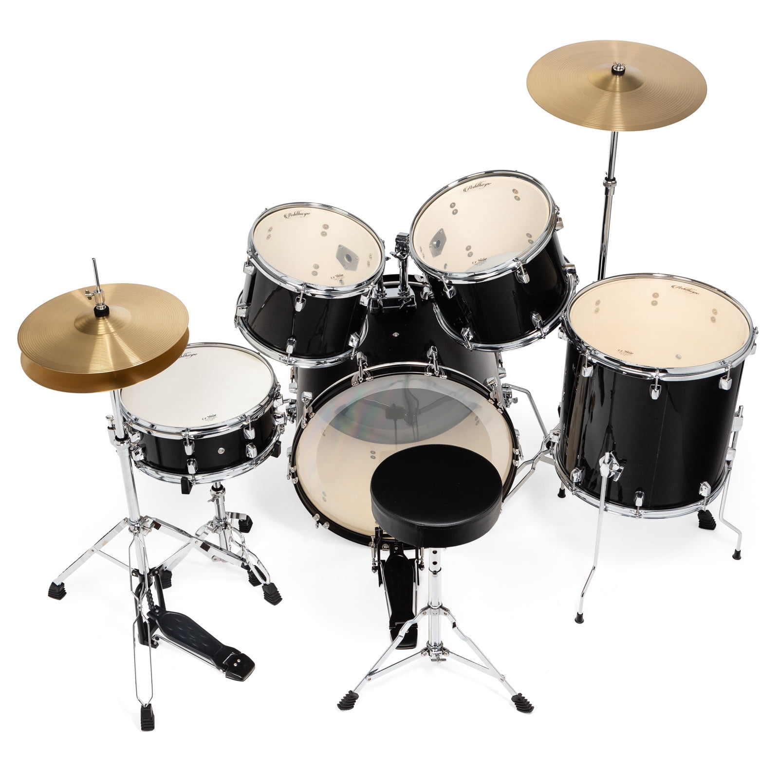 Ashthorpe 5-Piece Full-Size Adult Drum Set with Remo Drumheads & Premium Brass Cymbals - Black