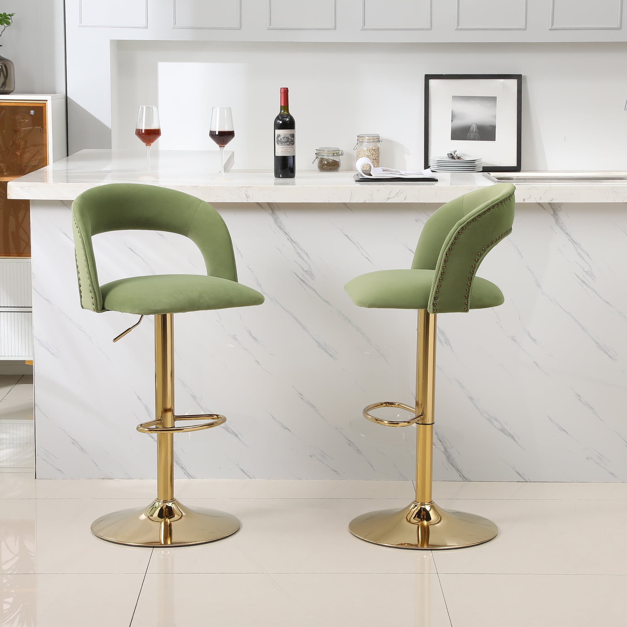 Kadyn Adjustable Tufted Swivel Bar Stool with Back& Footrest for Home, Avocado, Set of 2
