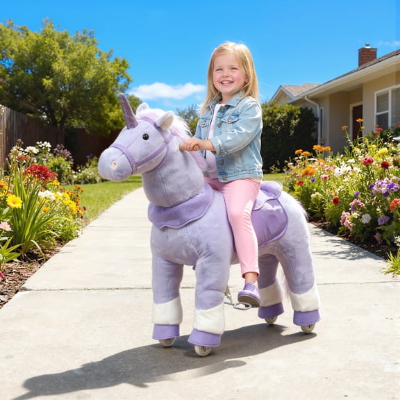 Qaba Ride on Unicorn Toy for Kids 4-7 Years, 37.8 Inch Plush Baby Rocking Horse, Mechanical Walking Animal with Wheels, No Batteries Required, Purple