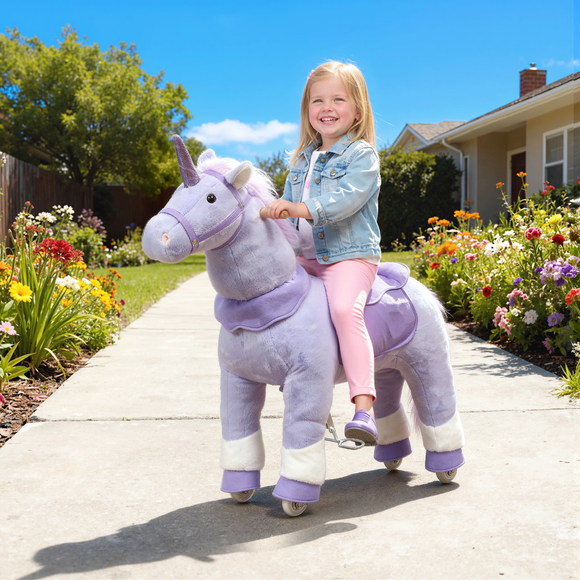 Qaba Ride on Unicorn Toy for Kids 4-7 Years, 37.8 Inch Plush Baby Rocking Horse, Mechanical Walking Animal with Wheels, No Batteries Required, Purple