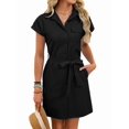 thumbnail image 3 of Women'S Solid Color Casual Button Down Tie Waist Woven Dress Midi Shift Summer Dress Black S, 3 of 9