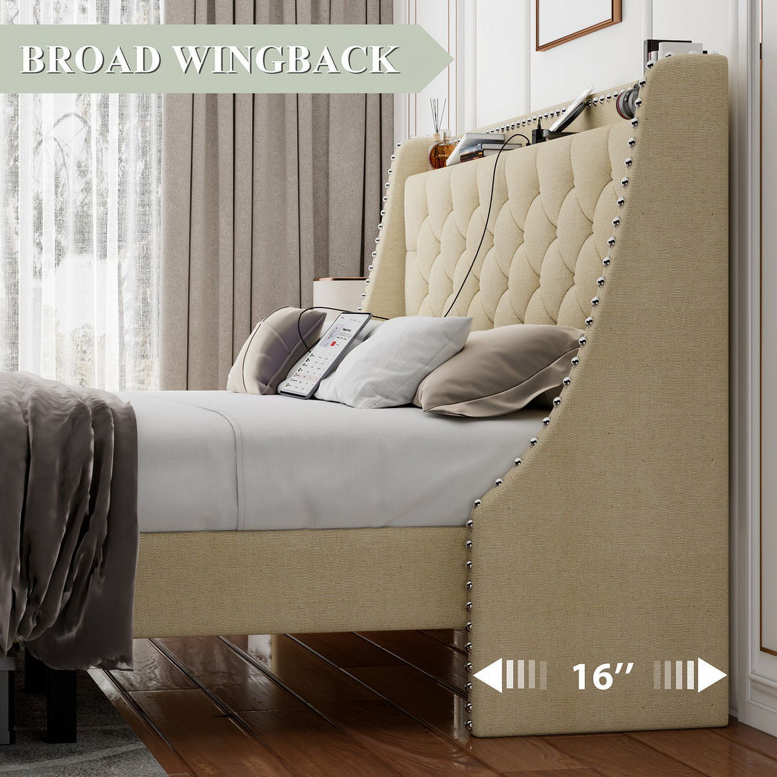 iPormis Full Bed Frame with Upholstered Wingback Button Tufted Storage Headboard, Luxurious Platform Bed with Charging Station, Beige