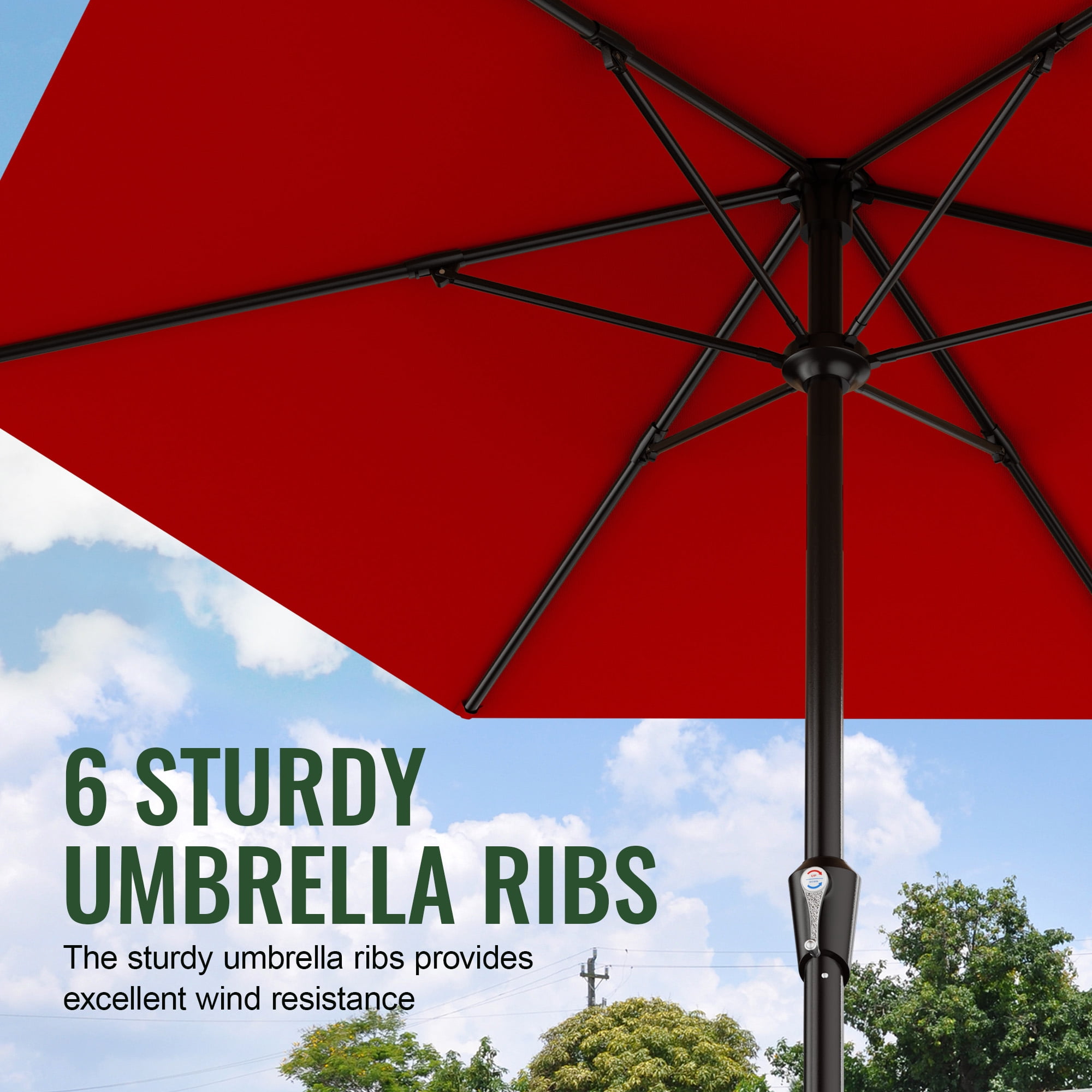 Easthome 9ft Patio Umbrella with Crank Lift System & 6 Sturdy Ribs Waterproof, Patio Table Umbrella Perfect for Poolside, Terrace, Beach and Outdoor Restaurant, Red