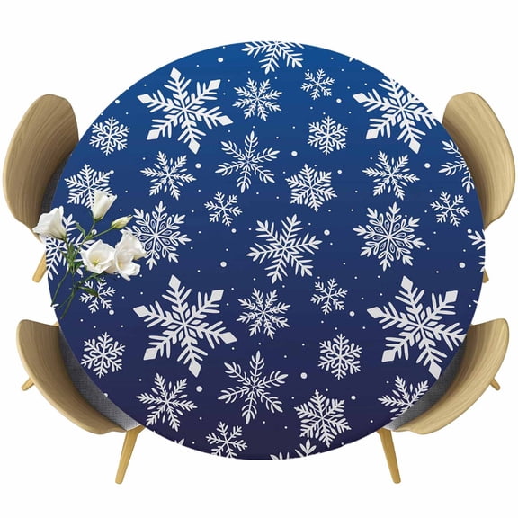 Navy Blue Snowflake Christmas Table Cloth, Round Fitted Tablecloths with Elastic Edge, Winter Xmas Snowflakes Wipeable Waterproof Table Cover for Kitchen Wedding 45-54 Inches