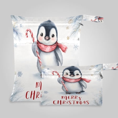 2 Pack Wet Dry Bags Christmas Cute Baby Penguin Waterproof Reusable Dual Zipper Bags for Swimwear Gym Clothes Toiletries Baby Diapers
