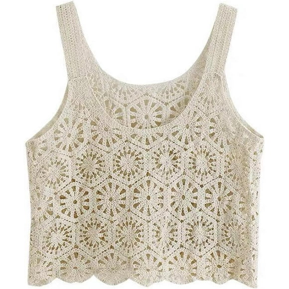 Diarypiece Women Crochet Cropped Tank Tops, Boho Hollow Out Floral Pattern Camisole Sleeveless Cover Up Vest Shirts