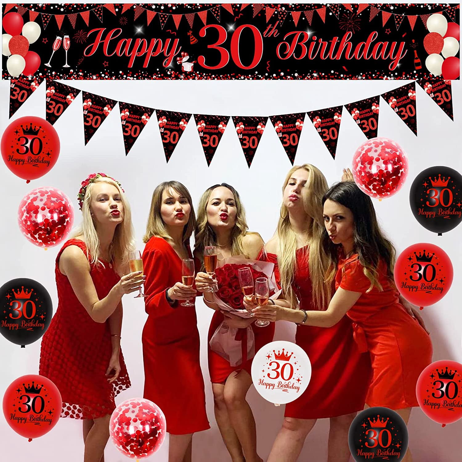 30th Birthday Decorations Red and Black for Men Women, 30 Birthday Party Supplies with Happy 30th Birthday Yard Banner 9.8 x 1.6ft Confetti Foil Balloons Triangle Flag for 30th Birthday Party Decor