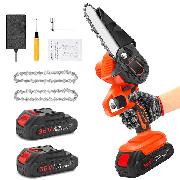 Mini Chainsaw Battery Powered with Security Lock, 4-Inch 36v Mini Electric Chain Saw Cordless, Handheld Mini Pruning Shears Small Chainsaw for Tree Trimming Wood Cutting(2pcs Batteries + 2pcs Chain)