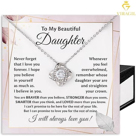 To My Daughter Necklace Gift, Graduation Gift for Daughter from Parents, Love Knot Necklace for Daughter, Birthday Gift for Her with Message Card and Gift Box