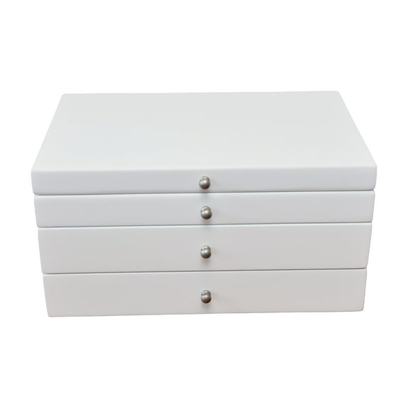 White Jewelry Box with Lift-Top Lid, Divided Organizer Sections, Necklace Hooks, and Two Pull-Out Drawers