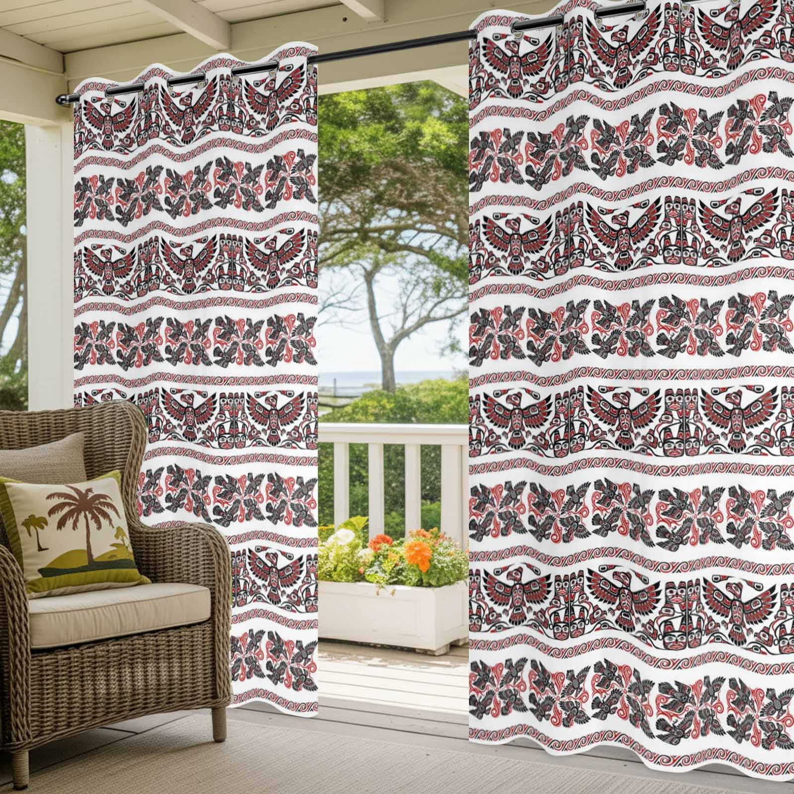Ethnic Tribal Style Outdoor Curtains for Patio, Bird Geometric Boho Red White Rustic Sunshade Privacy Drapes Grommet Waterproof Outside Curtains for Porch/Cabana/Balcony 54"x 108", 1 Panel