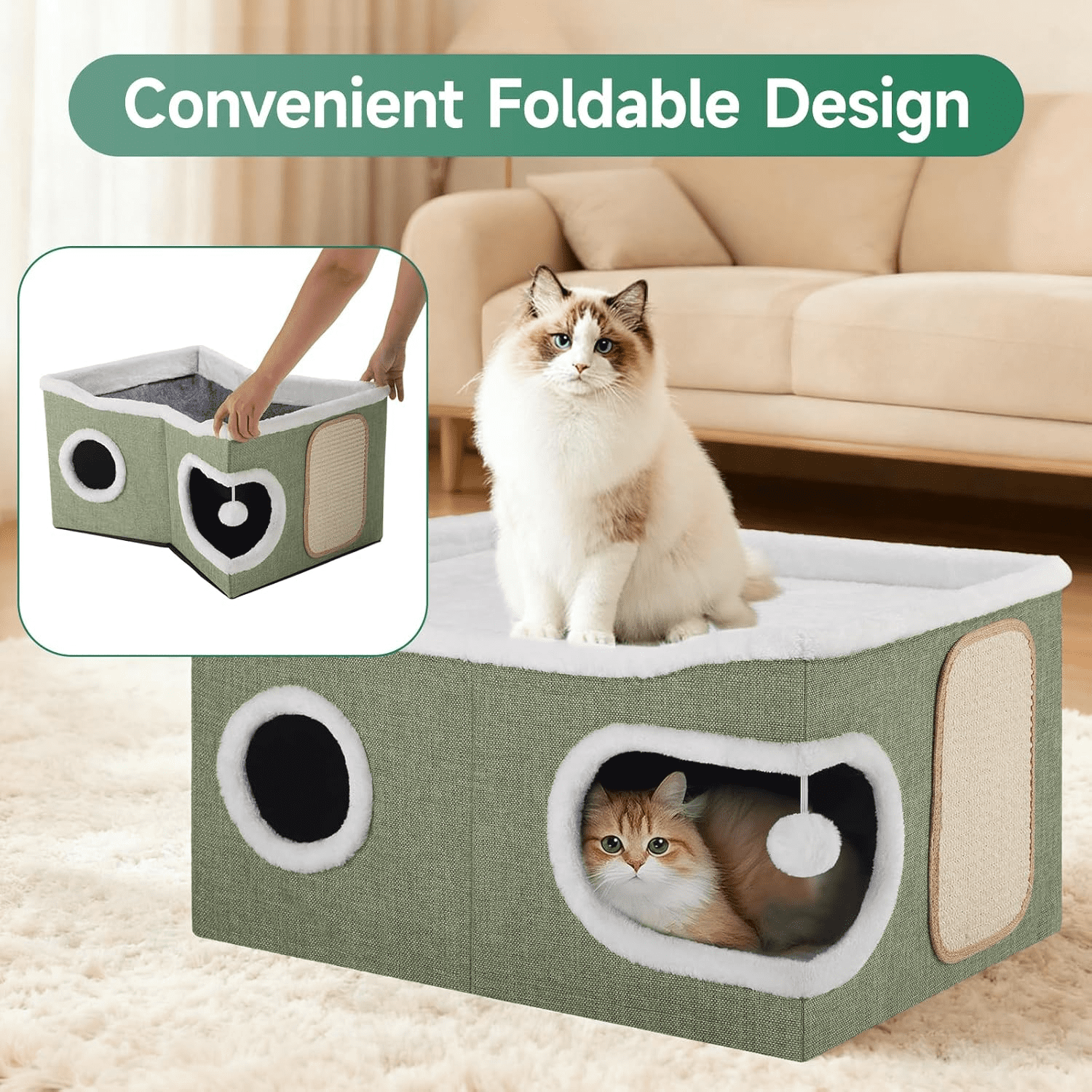 Cat Beds for Indoor Cats, Extra Wide Large Cat House for Pet Cat Cave with Scratch Pad and Fluffy Hanging Ball,Foldable Cat Cube Hideaway,Green