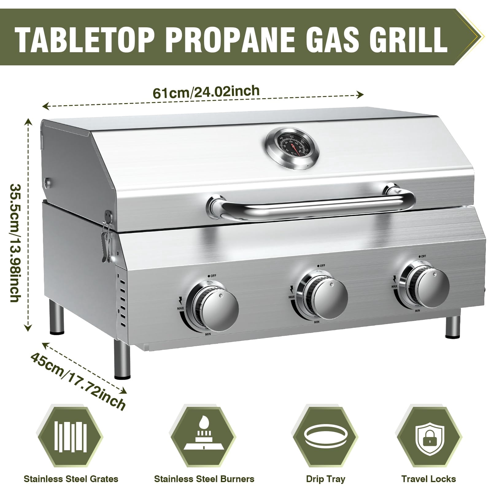 Frizi 3-Burner Tabletop Gas Grill, 30,000 BTU Portable Propane Grill - Heavy-Duty Thickened Grates & Stainless Steel Knobs