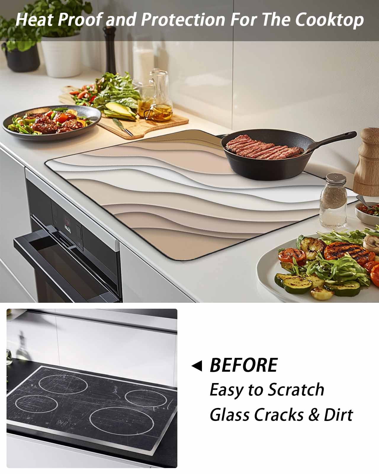 Stove Top Covers for Electric Stove, Beige Ombre Glass Stovetop Cover Protector, Modern Geometric Abstract Aesthetic Cream Induction Cooktop Protector Oven Mat for Kitchen Countertop 24"x21"
