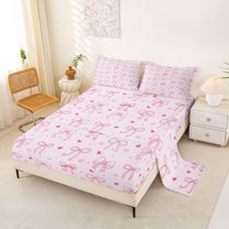 jejeloiu Chic Bow Ribbon Queen Sheet Sets,Pink Loves Pattern Bed Set For Bowknot Lover 4-Piece