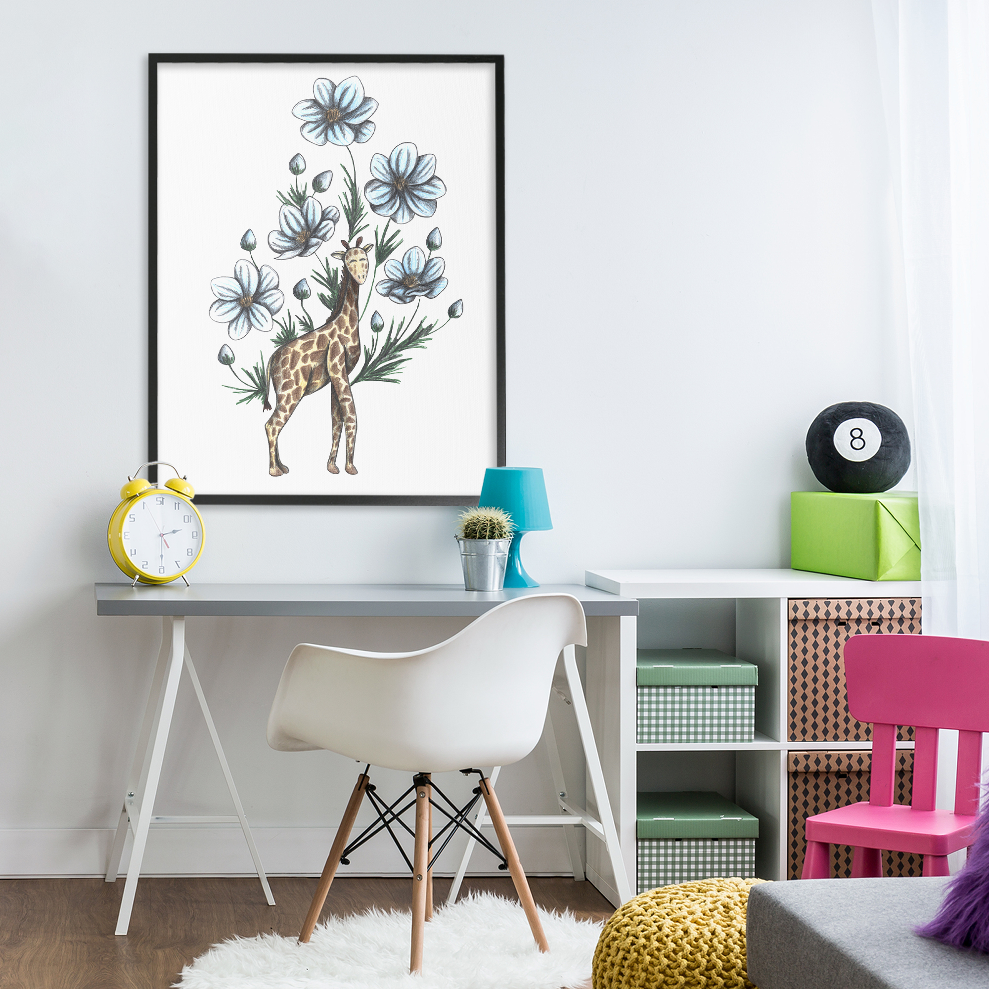 Giraffe with Flower Blossoms Black Framed Giclee Art, design by Cecilia Battaini