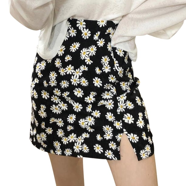 Guardurnaity de mujer Estampado de flores corta de cintura alta Split A-line Girl Cloth Prendas para la parte inferior del cuerpo negro METRO Guardurnaity AP001947-02