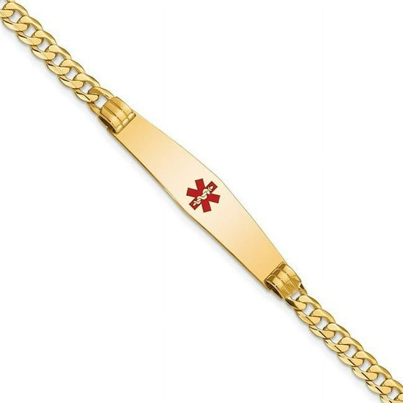 Primal Gold 14 Karat Yellow Gold Medical Soft Diamond Shape Red Enamel Curb Link ID Bracelet