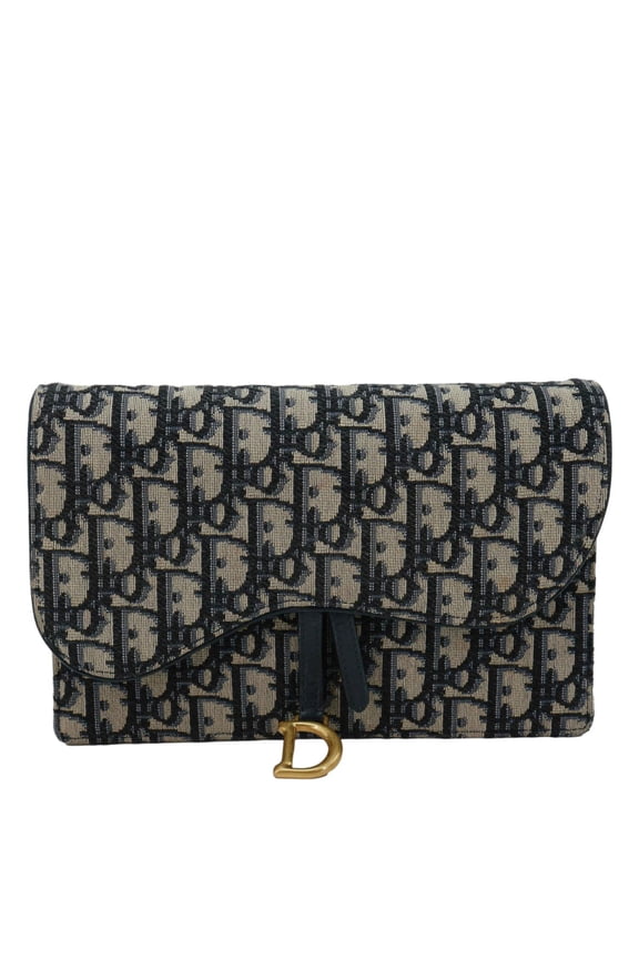 Pre-Owned Christian Dior Saddle Oblique Jacquard Pouch Wallet On Chain Navy Blue