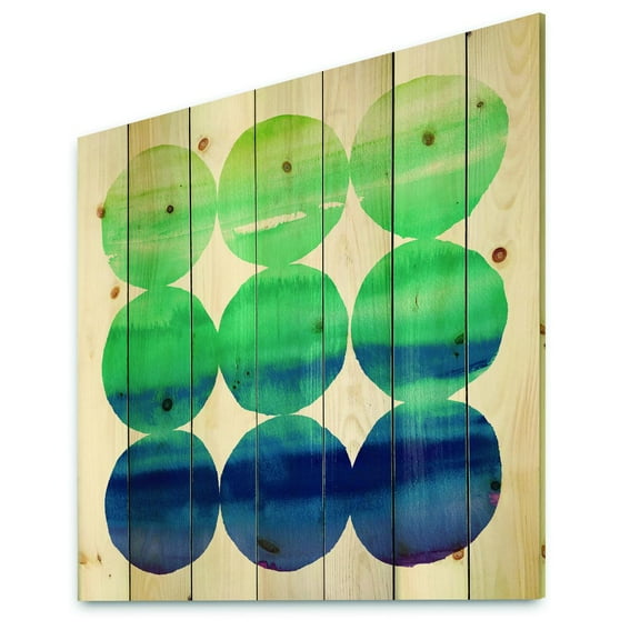 Designart 'Blue Colorfields Circle Abstract II' Mid-Century Modern Transitional Print on Natural Pine Wood