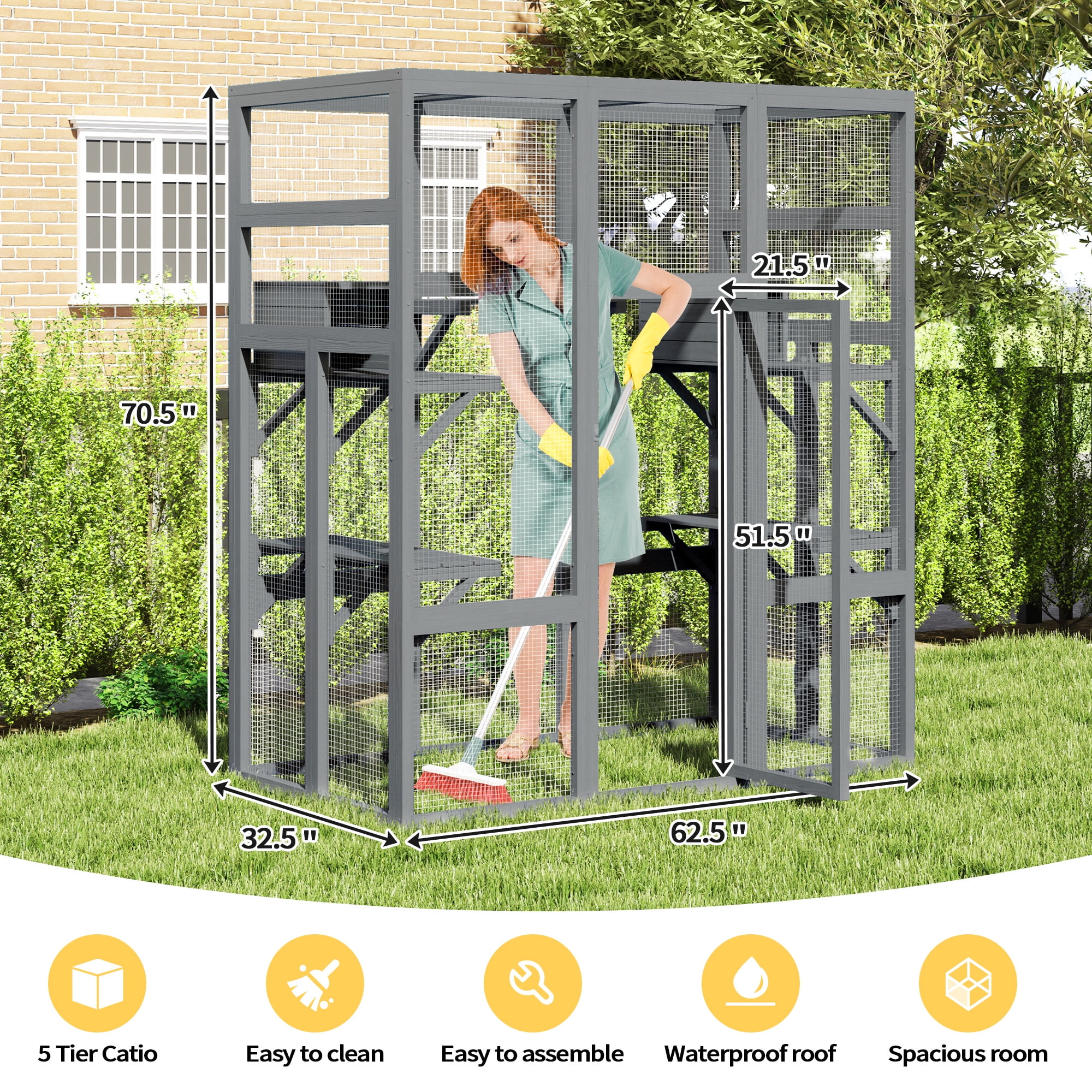 Coziwow Large Wooden Cat House, Outdoor Cat Enclosure with Weather Protection Roof, Catio Cat Cage with 5 Platforms and 2 Caves, Gray