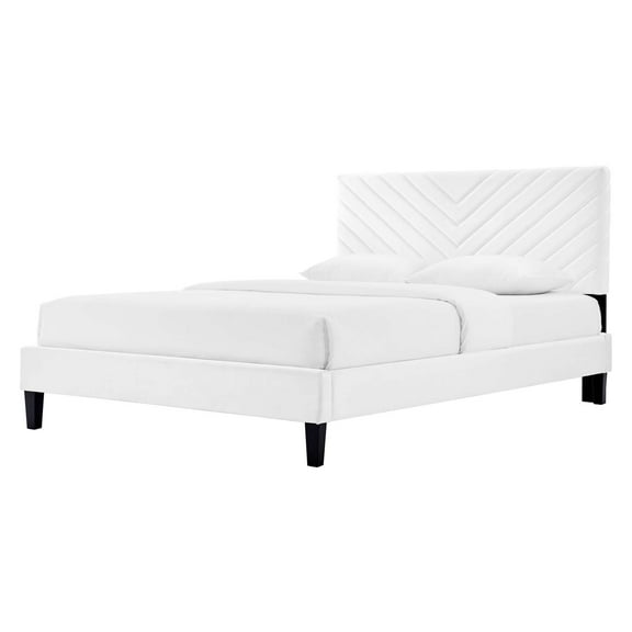 Platform Bed Frame, King Size, White, Velvet, Modern Contemporary, Bedroom Master Guest Suite Room