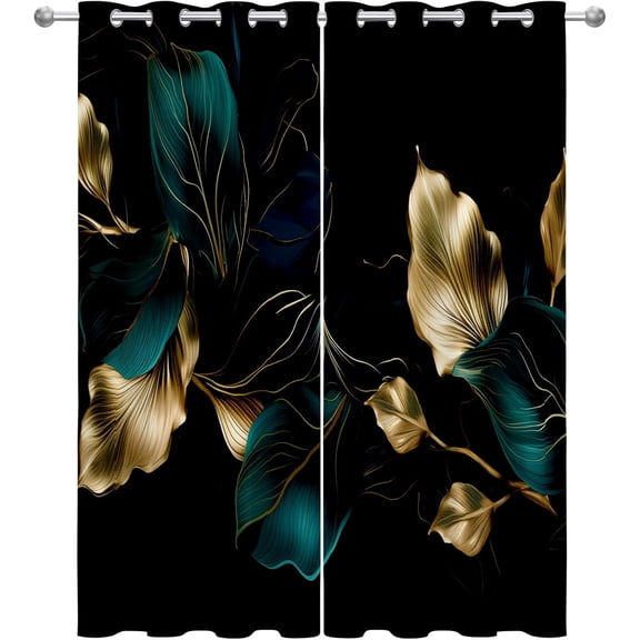 Emerald Leaf Blackout Curtains, Green Gold Modern Botanical Window Drapes for Bedroom Living Room Kitchen, Thermal Insulated Grommet Curtains 26"W x 45"L (2 Pack)