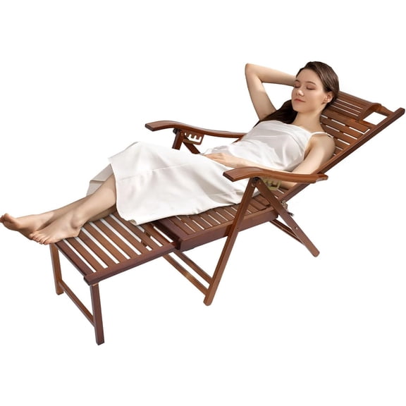 Lounge Chair Outdoor Bamboo Chaise Lounge Chair Folding Sun Lounger Tanning Chair Recliner with 5 Gears Adjustable Backrest for Hotel Garden Patio Pool Beach Sunbathing(Walnut Color)