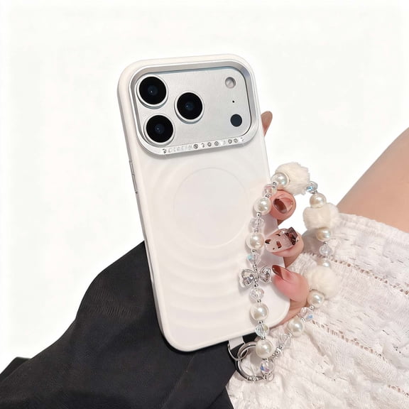 For iPhone 17 Phone Case,Ripple Pattern Back Design,With Detachable Hairball Pearl Lanyard,Anti-fingerprint Matte Ultra Slim Shockproof Anti-Scratch Durable Phone Case Cover,White