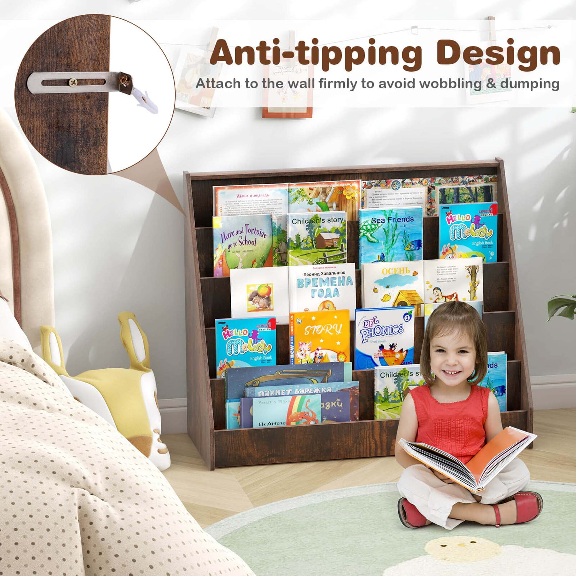 Costway 5 Tier Kids Bookshelf with Anti-Tipping Device Kids-friendly Height for Bedroom Brown