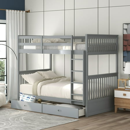 CLEARANCE! Twin-Over-Twin Bunk Bed with Ladders and Two Storage Drawers (Gray)