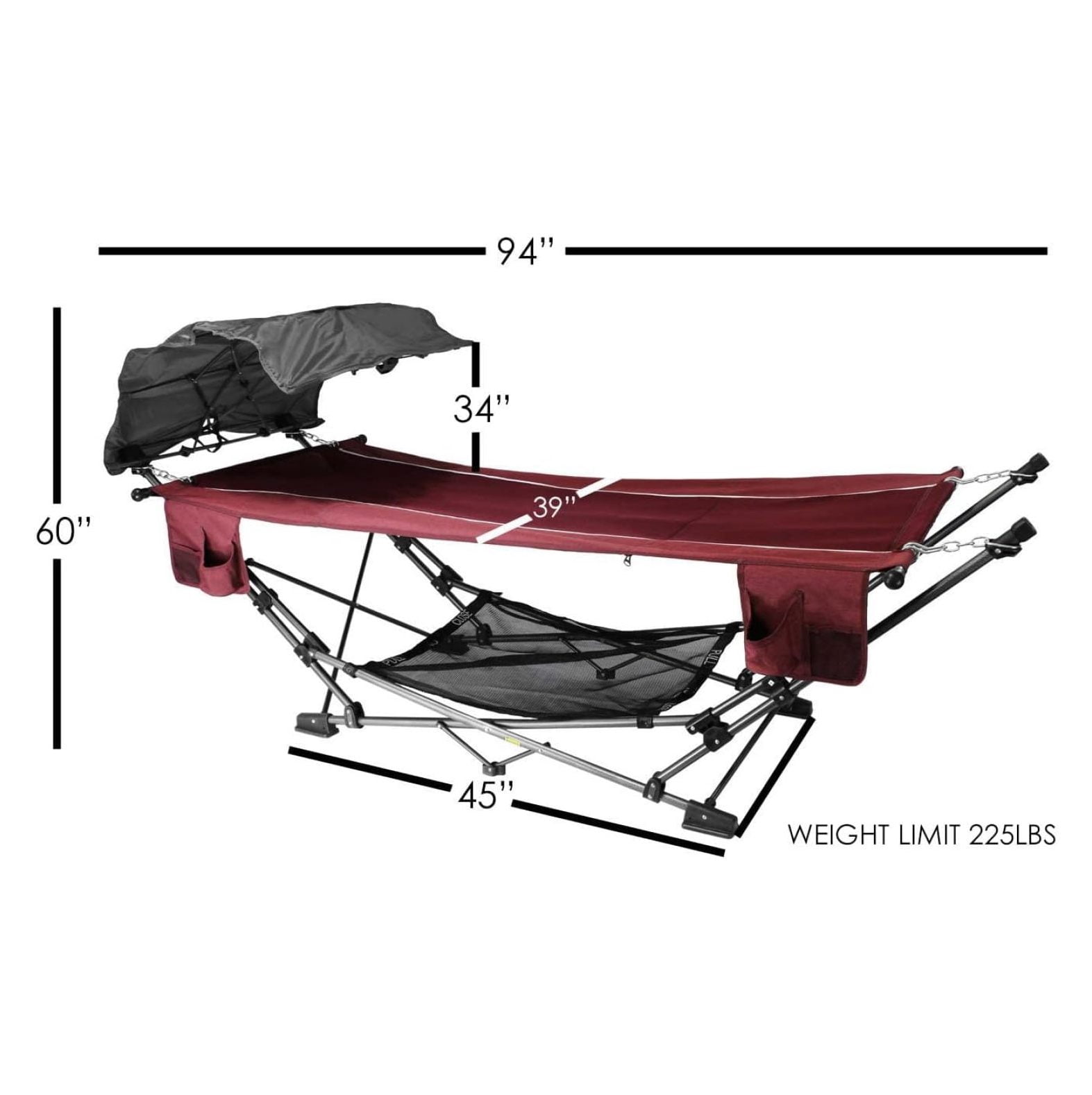 Limited Portable Folding Metal Framed Hammock with a Retractable Canopy, Perfect for Camping, Patio, Outdoor, and Relaxing, Side Pockets Included, Red (Pack of 1)