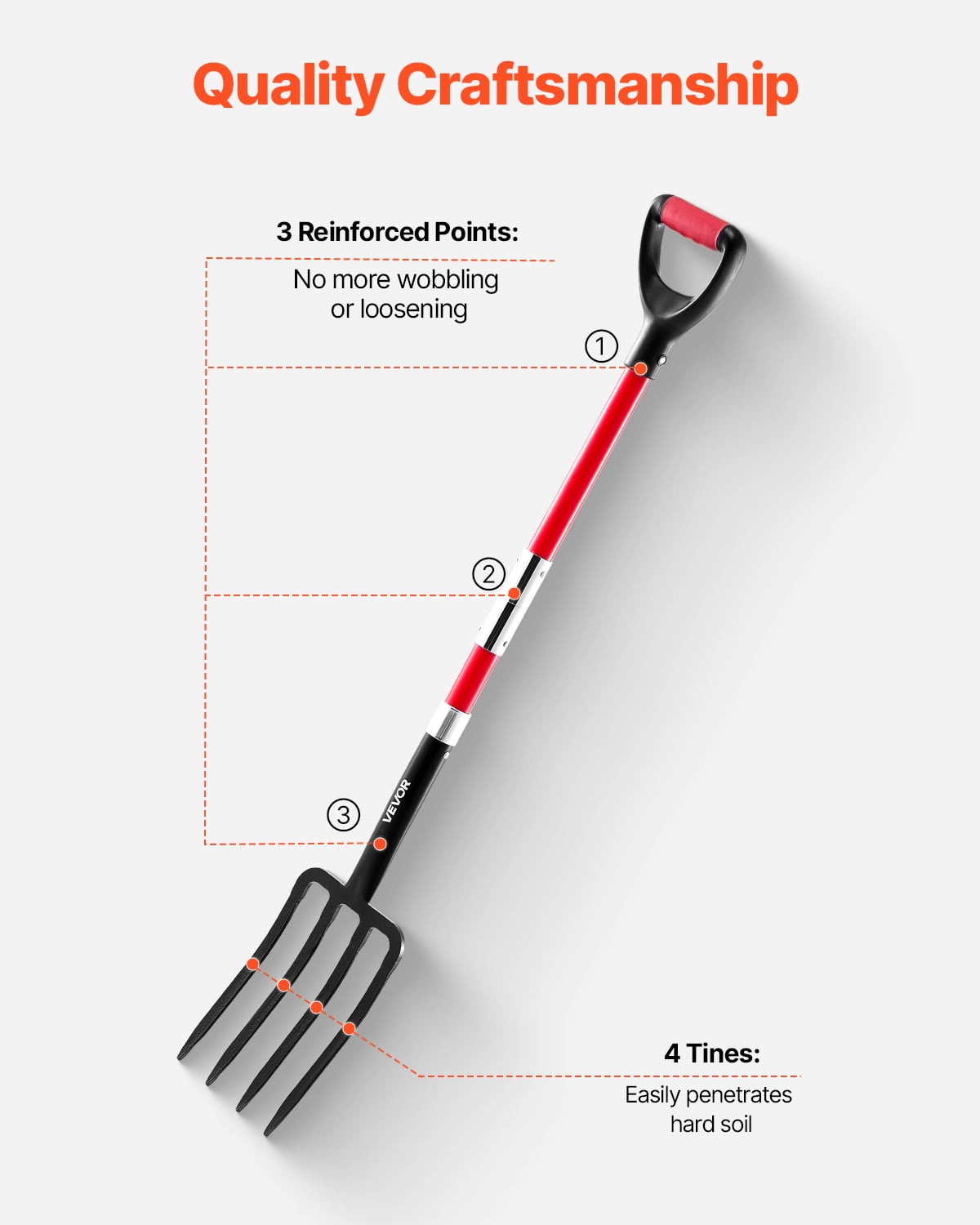 VEVOR Garden Fork, 4-Tine Gardening Pitchfork with Fiberglass Handle, 45 in Heavy Duty Digging Fork with Y Grip, Forged Steel Spading Fork for Hay Potato Composting Transplanting Aeration