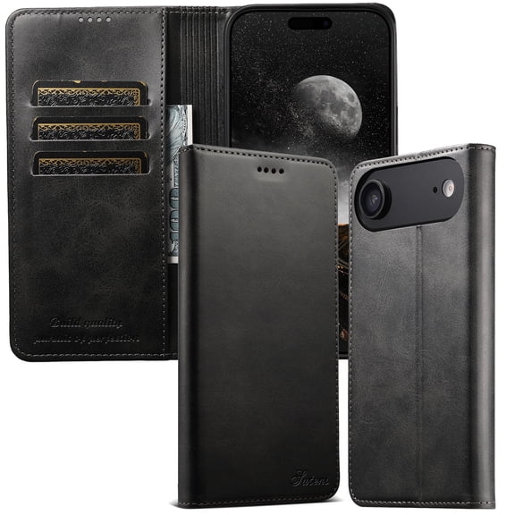 Poweltek Wallet Case for iPhone Air, Magnetic PU Leather Card Holder Cash Pocket Flip Stand Protective Cover, Black