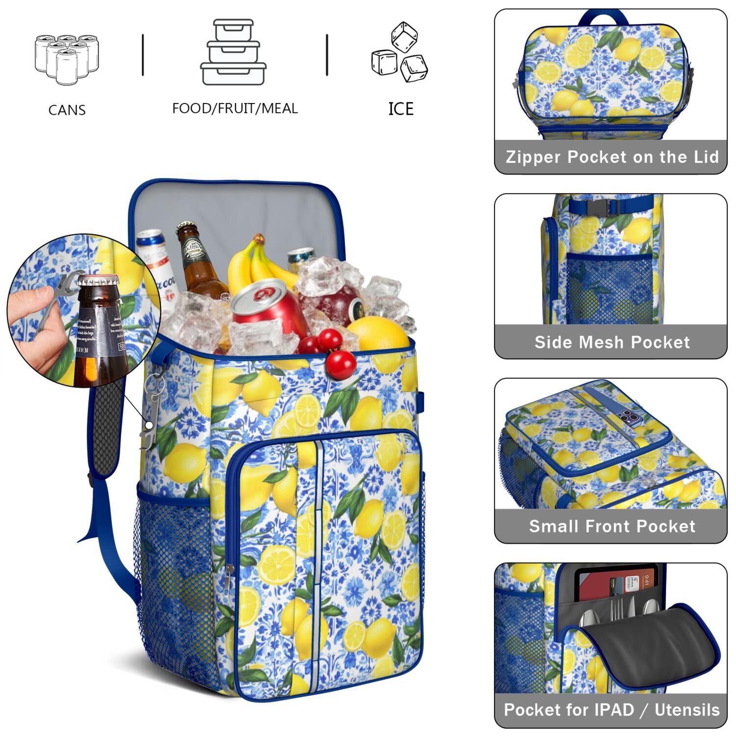 Travel Cooler Bag - Lemon Camping Beer Cooler Backpack with Bottle Opener- Waterproof Insulated Picnic Backpacks - Cooler Bag for Beach