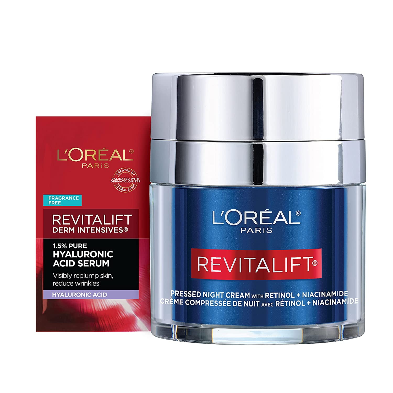L'Oreal Paris Revitalift Pressed Night Cream with Retinol, Niacinamide, Visibly Reduce Wrinkles, Hydrate for Face, Under Neck, Chest, tested + Hyaluronic Acid Serum Sample, kit, - Walmart.com