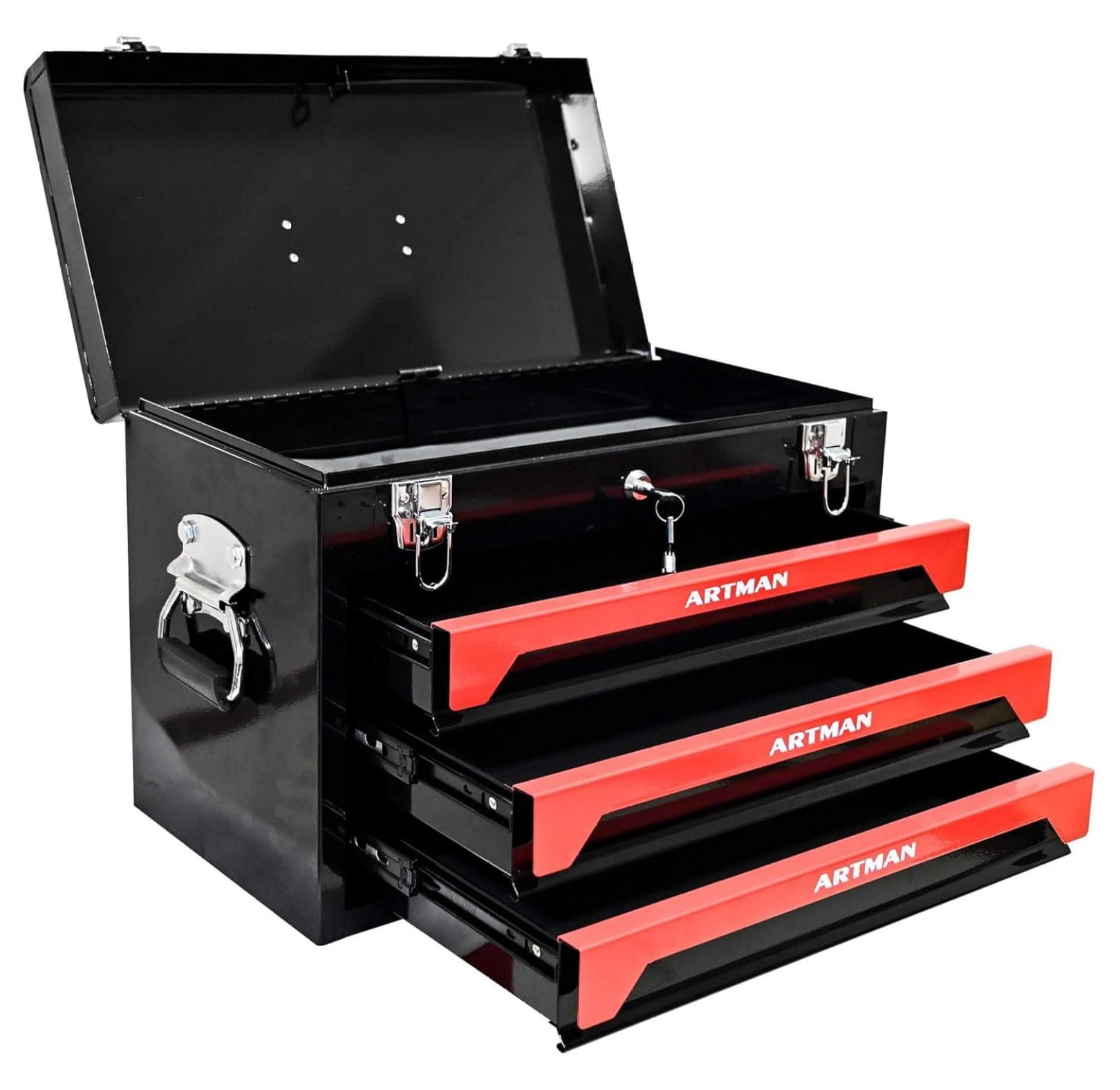 Portable 3 Drawer Tool Box - Metal Tool Box with Drawers for Parts Organizer, General Tool Chest with Metal Closure & Handles for Truck and Cars