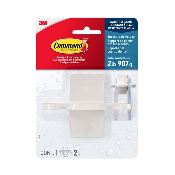 Command Bath Toothbrush Holder, White, Plastic, 1 Holder, 2 Medium Strips, Hold 2 lbs