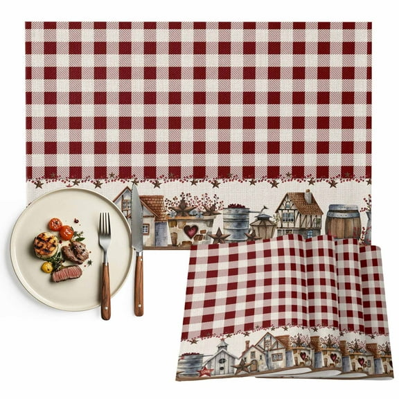 Placemats Set of 4, Barn Star Farmhouse Place Mats Red Buffalo Plaid Tablemats Washable Placemat Table Decoration for Kitchen Table Dinner Party Home Decor Indoor Outdoor 13x19 Inch