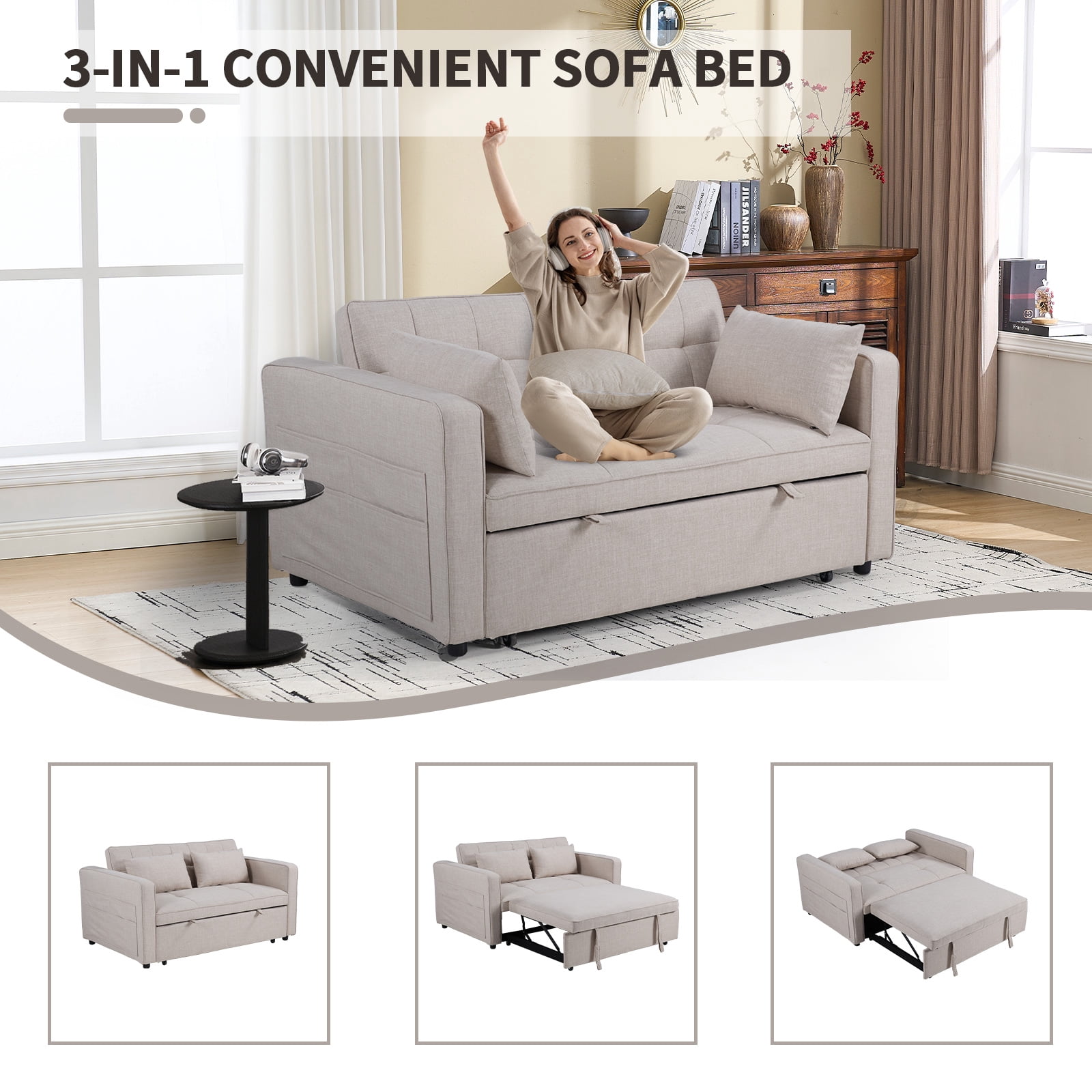 Bonzy Home Pull Out Bed Futon Couch with Reclining Backrest and Side Pocket, Modern Loveseat for Living Room Beige