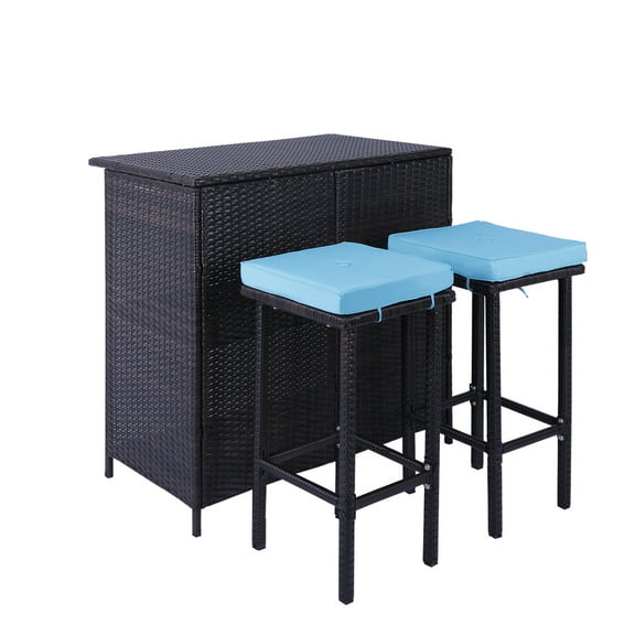 3-Piece Patio Outdoor Conversation Bar Set of 1Table and 2Stools,All Weather PE Rattan and Steel Frame Furniture with Removable Cushions for Outside Backyards,Porches,Gardens or Poolside(Brown Blue)