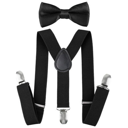 Suspenders and Pre Tied Bowtie Y Shape Clip Suspender for Kids, Black